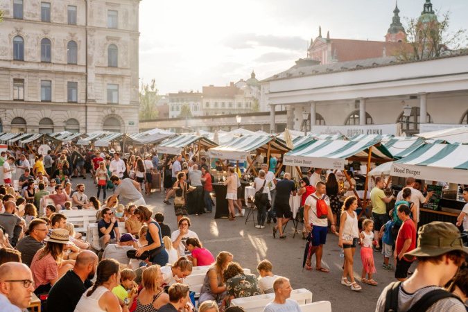 Food stalls at the Open Kitchen market in central Ljubljana