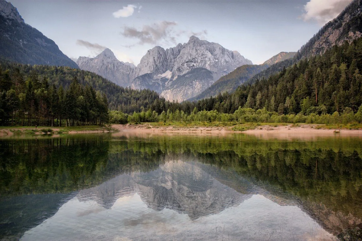 Lake Jasna near Kranjska Gora, with mountain peaks reflected in the water
